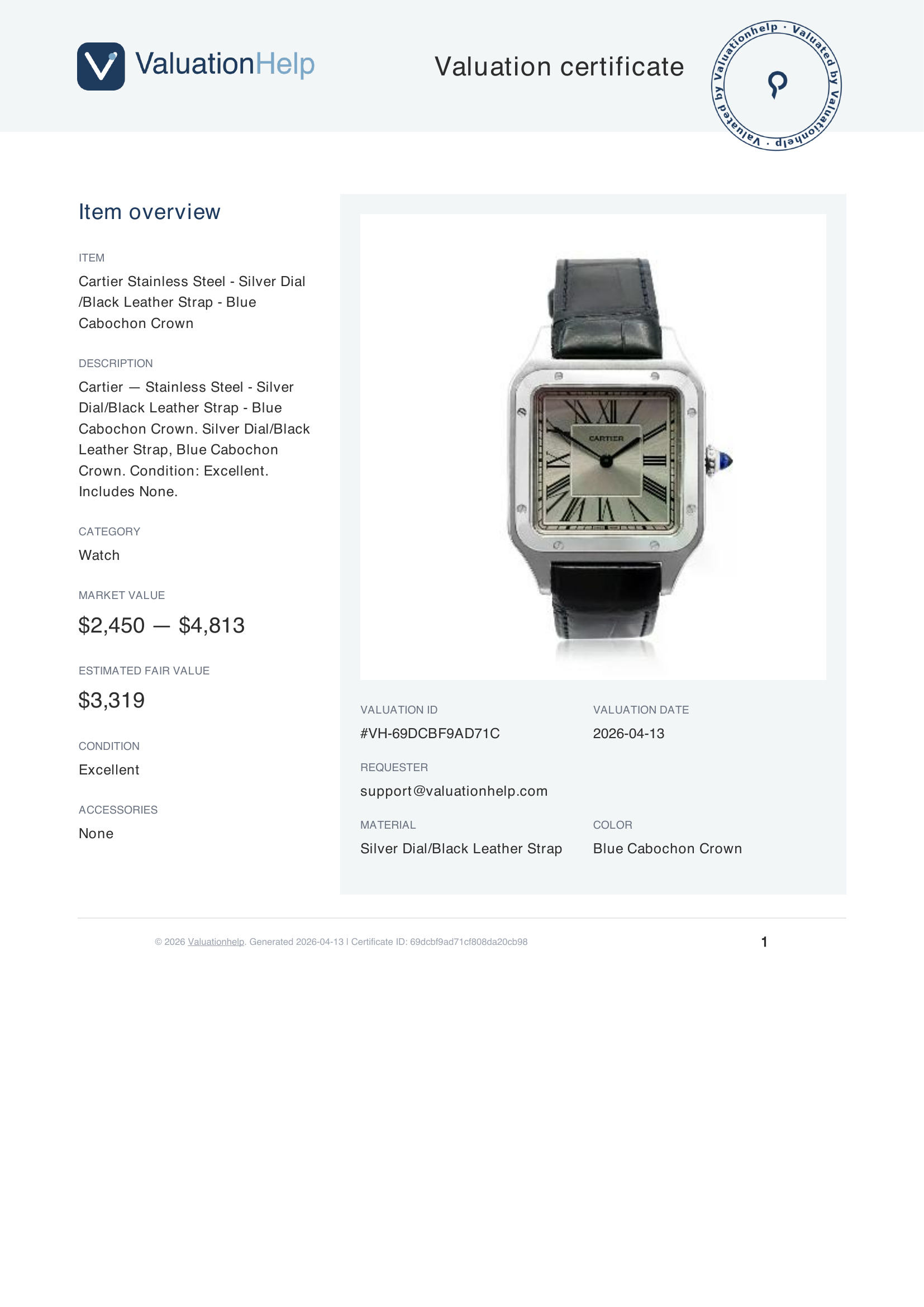 Example valuation certificate